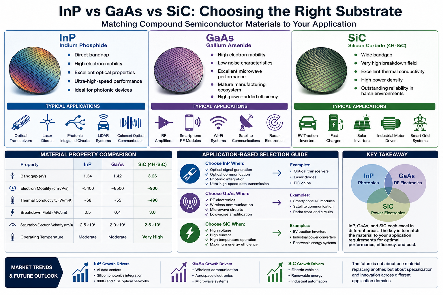 Laatste bedrijfsblogs InP versus GaAs versus SiC: hoe kiest u het juiste halfgeleidersubstraat?