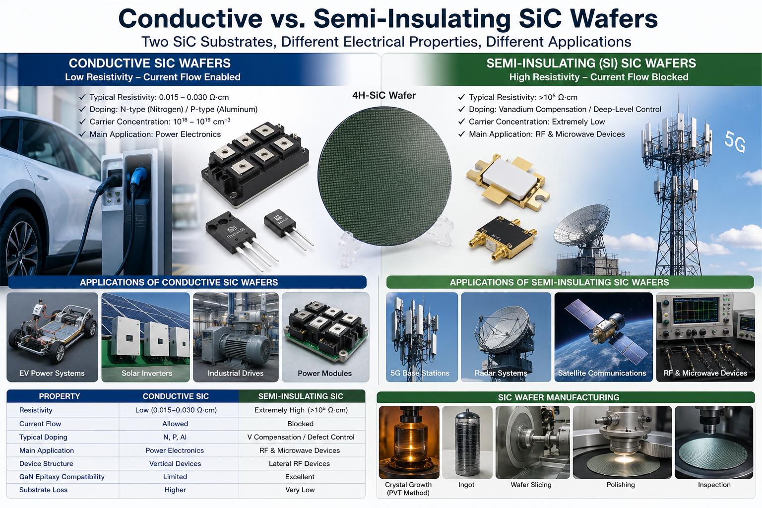 Laatste bedrijfsblogs Semi-isolatieve versus geleidende SiC-wafers: belangrijke verschillen verklaard